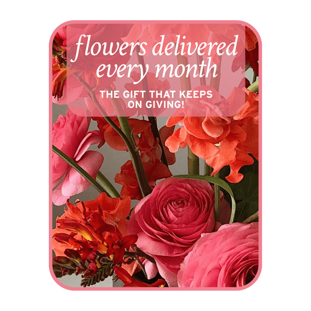 Our professional designers will create a unique design each month for the recipient of this wonderful gift! Your first bouquet will be delivered on the day of your choice. The next few months will be delivered on or about that same date. This is truly that gift that keeps on giving! You can pick 3 months, 6 months, or 12 months of flowers!