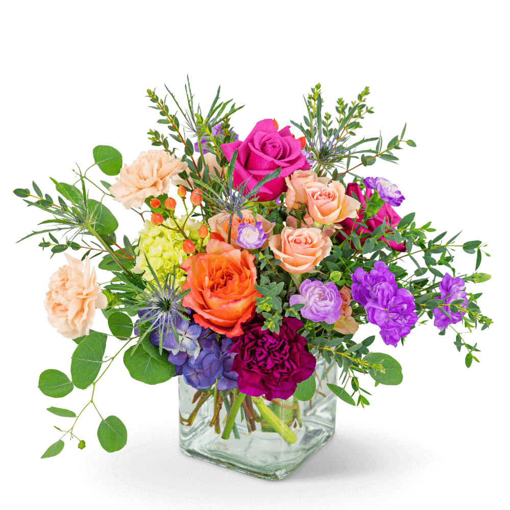 Kaleidoscope Dream is the perfect birthday or anniversary gift. Let us help make their day with this special flower delivery! The rich tones of this arrangement will add a pop of color to any space. It features Hydrangea, Roses, Carnations, and other premium foliage.