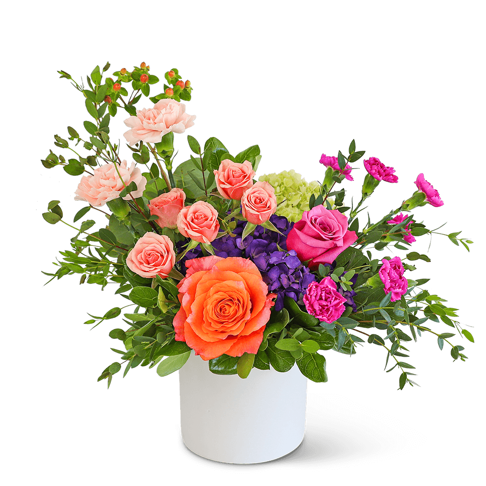 Prismatic Promise is the perfect birthday or romantic gift. Let us help make their day with this special flower design! If you want us to deliver flowers, but want something extraordinary, we suggest Prismatic Promise. It features beautiful roses, hydrangeas, carnations, and other premium foliage that will add a pop of color to any space.