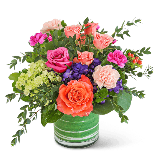Perfectly Prismatic is a wonderful birthday or romantic gift. Let us help make their day with this special flower design! If you want us to deliver flowers, but want something extraordinary, we suggest Perfectly Prismatic. It features beautiful roses, hydrangeas, carnations, and other premium foliage that will add a pop of color to any space.