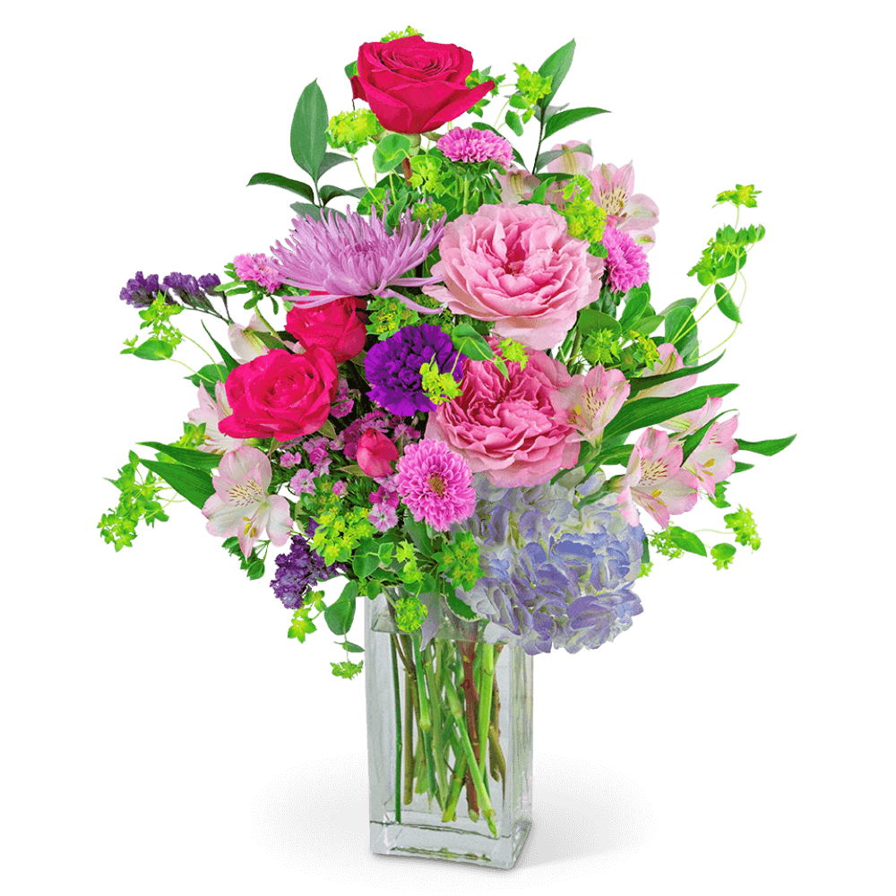 Who wouldn’t love to receive this bright and blooming flower arrangement? Show your Unconditional Love with various light pink and dark pink roses, hydrangea, dianthus, carnations, alstroemeria, spider mums, and premium foliage in a clear vase. This would be a perfect gift for an anniversary, birthday, or Mother's Day and will look perfect on a Dining room table or kitchen bar.