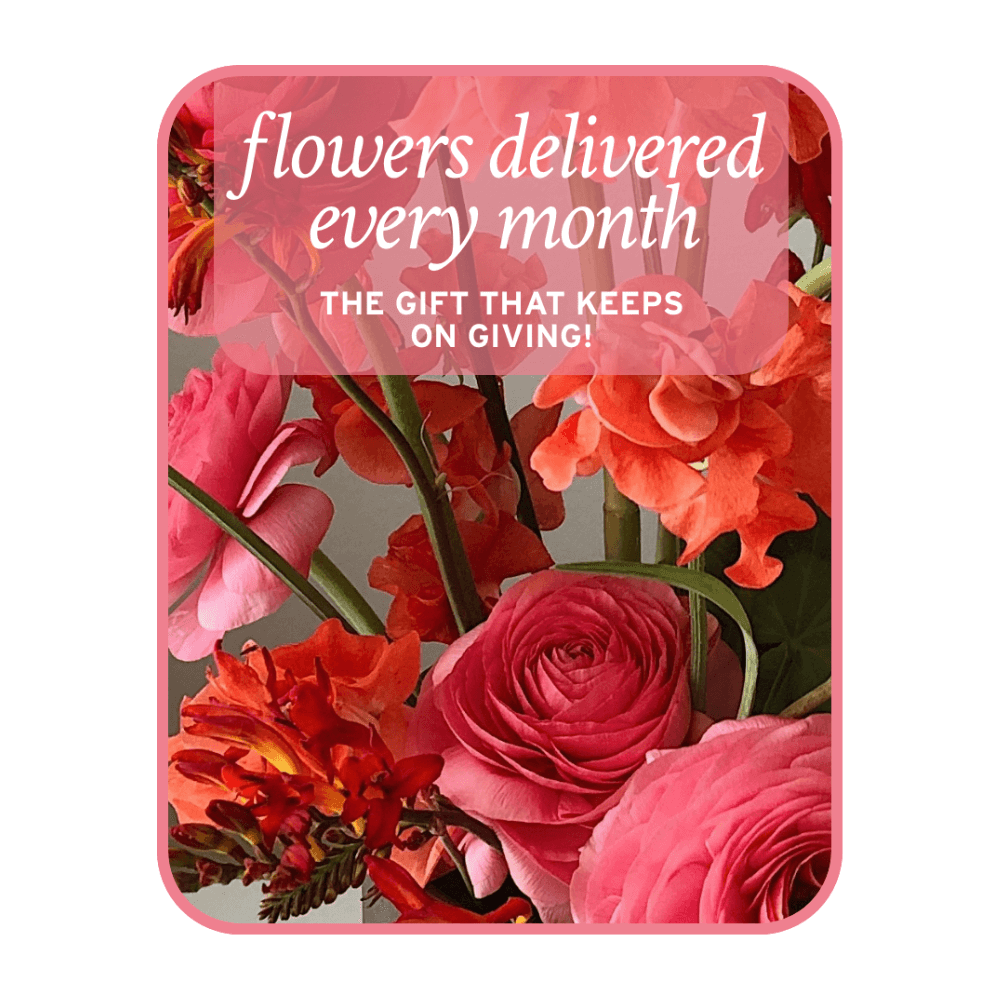 Our professional designers will create a unique design each month for the recipient of this wonderful gift! Your first bouquet will be delivered on the day of your choice. The next few months will be delivered on or about that same date. This is truly that gift that keeps on giving! You can pick 3 months, 6 months, or 12 months of flowers! 