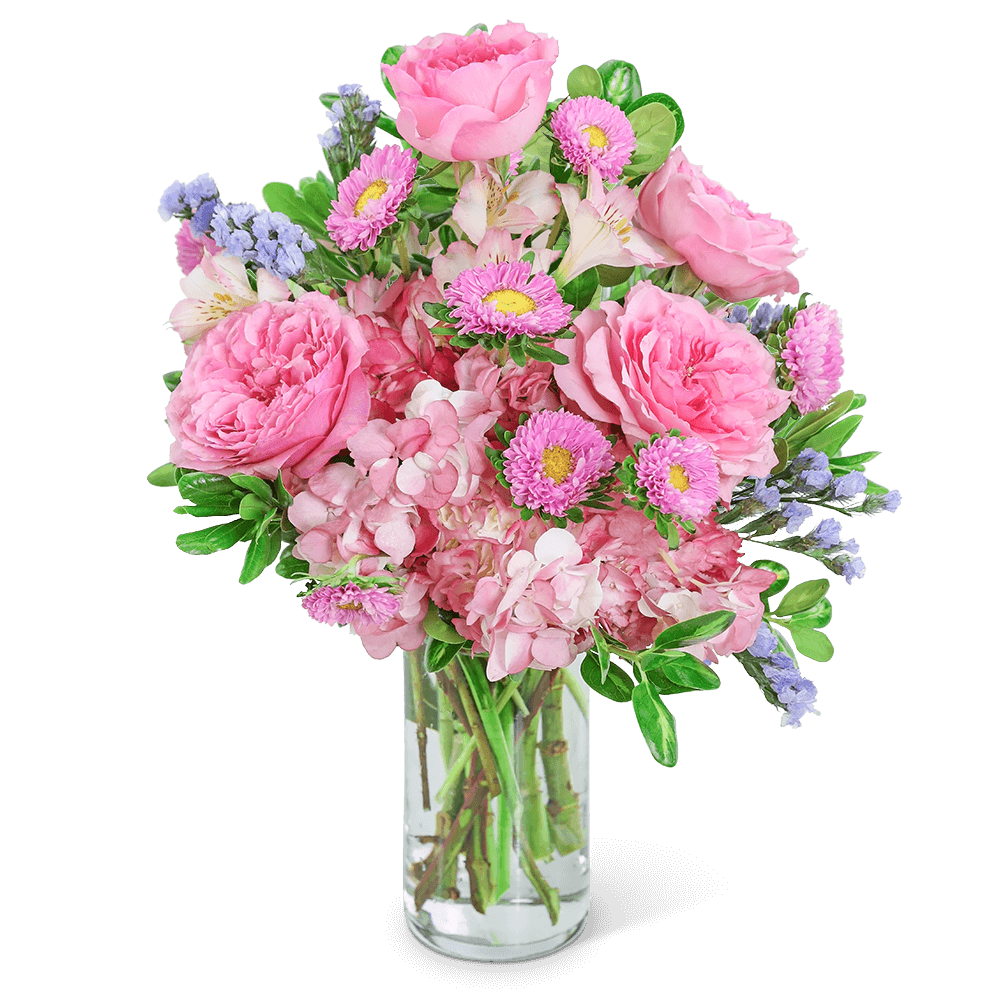 Send your love with this beautiful design, perfect for a birthday, new baby, or romantic gift. Head in the Clouds features pink roses, Alstroemeria, and Hydrangea designed in a clear vase for a delicate look that will make anyone smile. This unique flower design adds the perfect extra pop of pastel color!