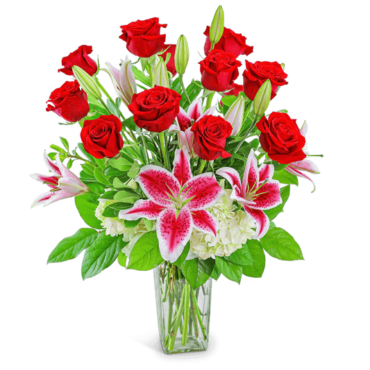 Send the traditional rose bouquet in a modern way! 12 long-stem red roses are artfully designed by our expert florist with this fresh, romantic arrangement featuring Roses, Hydrangea, Lilies, and premium foliage. Our Enchanting Dozen is a perfect gift for anniversaries, birthdays, a housewarming gift, Valentine's Day, or any occasion! 